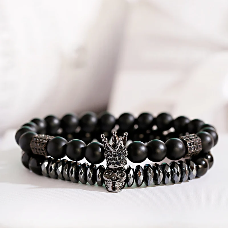 Luxury Men Stone Beads Skull Erkek Bileklik Bracelet Set Black CZ Crown Copper Bracelets For Women Pulseras Mujer