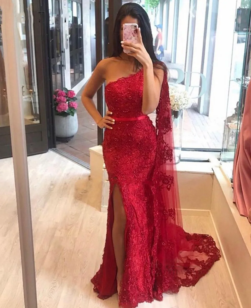 Red Mermaid Evening Dresses For Women 2021 Formal Party Night Prom Gowns Lace Appliques One-Shoulder Split Long Robe De Soiree