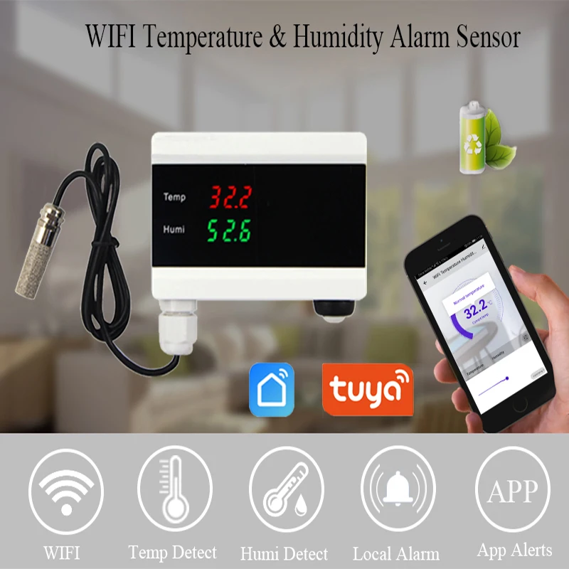 Tuya-termómetro de temperatura WIFI, higrómetro de humedad, Detector, Sensor de alarma, controlador de termostato para el hogar con aplicación Smart Life