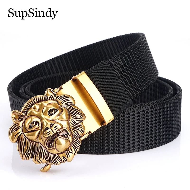 

SupSindy Man's Nylon Belt Luxury Gold Lions Metal Automatic Buckle Canvas Belts for Men Fashion Jeans Waistband Black Male Strap