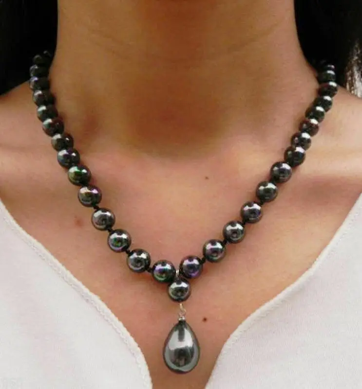 Natural 8mm Round South Sea Shell Pearl & 12x16mm Drop Pendant Necklace 18''AAA+