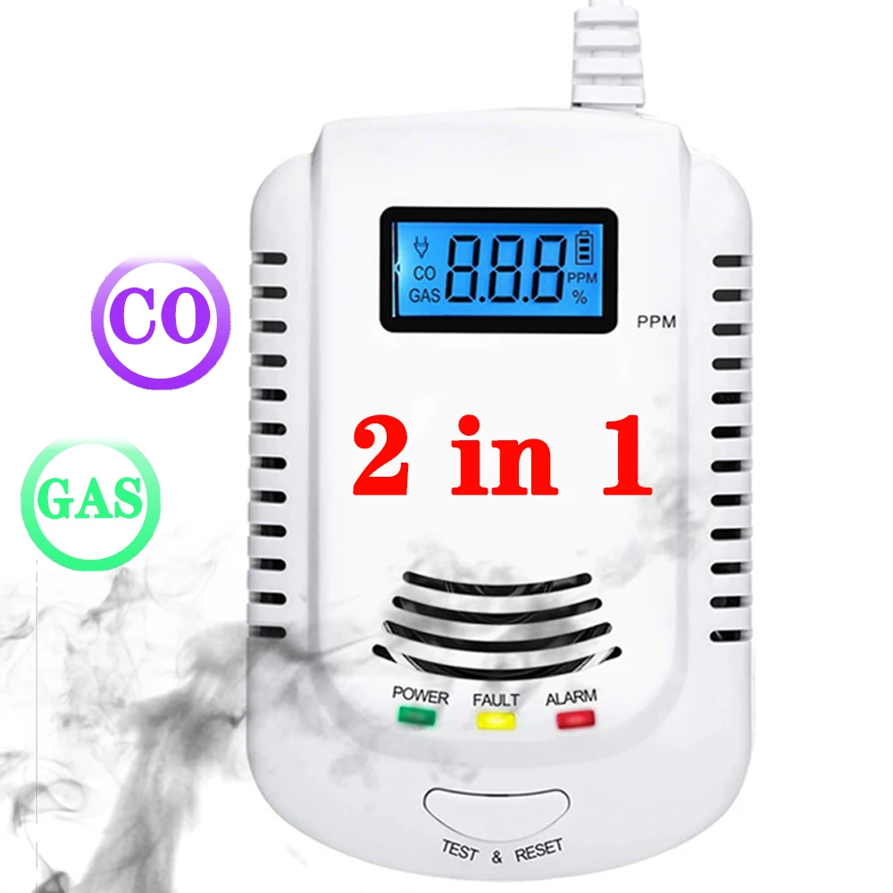 Détecteur de fuite de gaz naturel combustible 2 en 1, capteur de monoxyde de carbone, écran LCD, deux alimentations, système d'alarme pour la maison