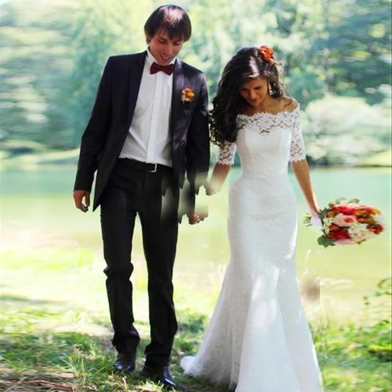 

Sexy Mermaid Half Sleeve Wedding Dress with Train Full Lace Appliques Bridal Dress Off Shoulder Wedding Gowns Free Shipping
