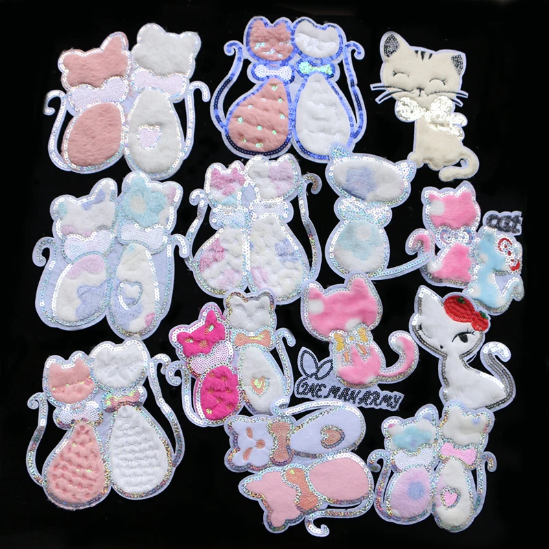 Cartoon Color flannel Patch Cat Sequins icon Embroidered Applique Patches For kawaii clothes DIY Iron on Badges on a backpack