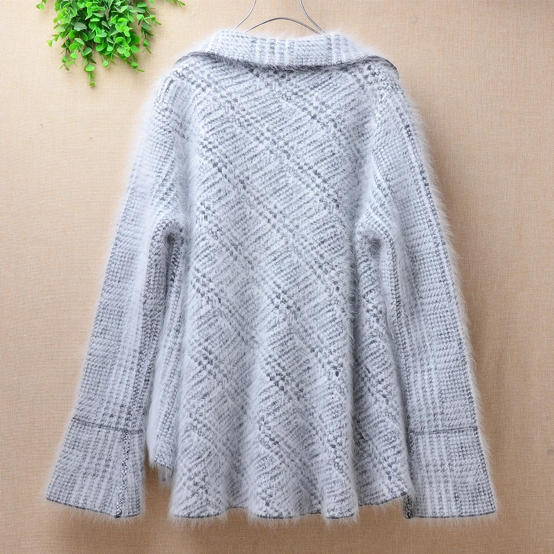 New ladies winter European fake two-piece knitted mink cashmere rabbit hair plush lapel sweater slim coat jacket cardigan gray