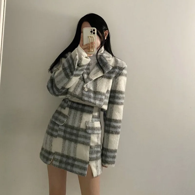 2022 frühjahr Weiblichen Plaid Woolen Anzug Zwei Stück Sets Hohe Taille Mini Rock Saison Wolle-mischungen Kurze Jacke Oberbekleidung Streetwear