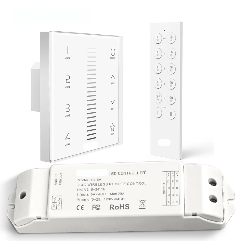 

LTECH New led Strip Dimmer EX5 4 Zones Touch Panel 2.4GHz RF AC100V-240V Input with 4 Channel F4-5A Wireless Receiver F5 Remote