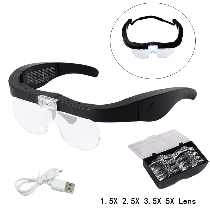 USB Rechargeable Glasses Magnifier Illuminated Headband Wearing Magnifying Loupe Third Hand for Soldering Watchmaker Tattoo