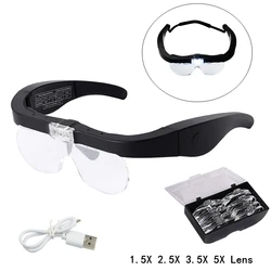 USB Rechargeable Glasses Magnifier Illuminated  Headband Wearing Magnifying Loupe Third Hand for Soldering Watchmaker Tattoo