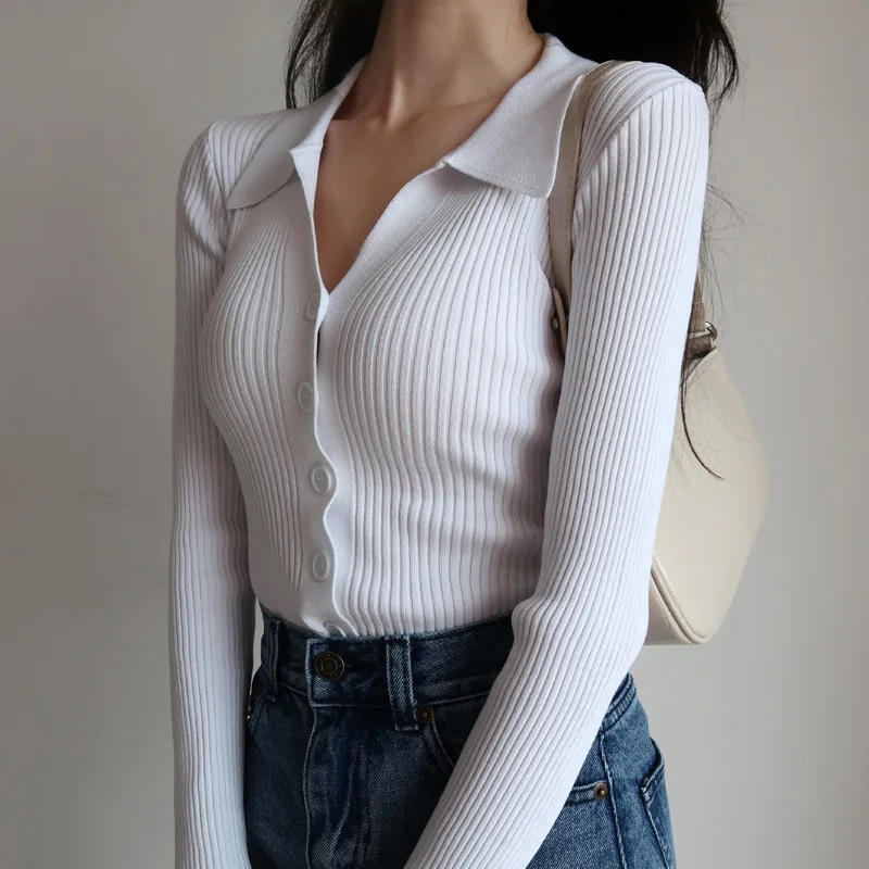 Ladies Buttons Sexy V Neck Long Sleeve POLO Neck Knit Cardigan Sweater Women Lapel Slim Tops