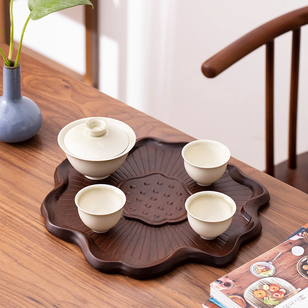 

Chinese Style Lotus Leaf Design Bamboo Tea Tray For Teacup Teapot Irregular Shape Bamboo Plate For Home Hotel Office Teahouse