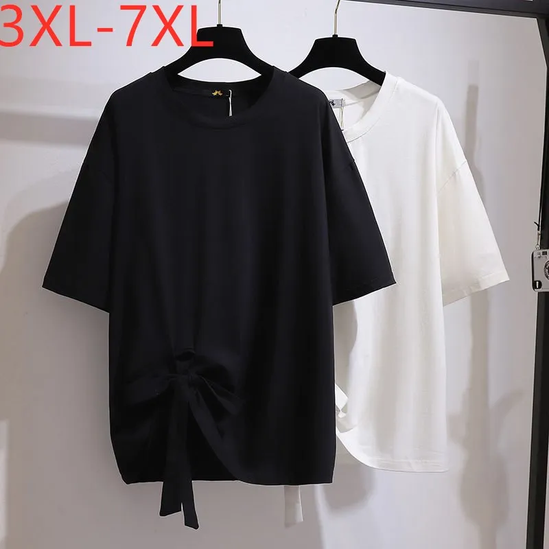 New 2021 Ladies Summer Plus Size Women Clothing Tops For Women Large Short Sleeve Loose Cotton Black Bow O-neck T-shirt 7XL