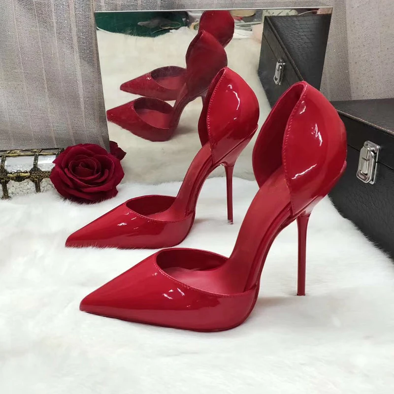 Two Pieces Style Patent Leather Pointy Toe Elegant Thin High Heels Women Sandals Shoes