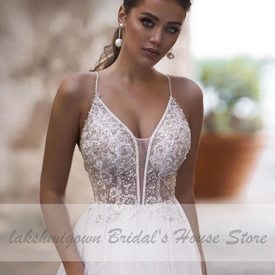 Abito da Sposa Sexy da Sposa in spiaggia 2020 Abito da Sposa Abito da Sposa in Tulle bianco trasparente con scollo a V in rilievo abiti da Sposa Boho