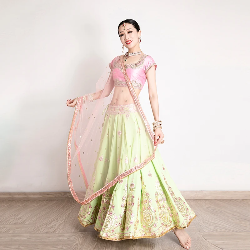 Indian Traditional Clothing For Women Elegant Short Sleeve Pink Tops Green Skirt Sarees 3 Piece Suit Belly Dance Clothes DQL5876