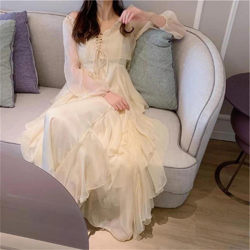 Summer Women Long Dress Suspender Ruffles Chiffon Fairy Dress White Apricot Korean Elegant Feminine Holiday Beach Party Dresses