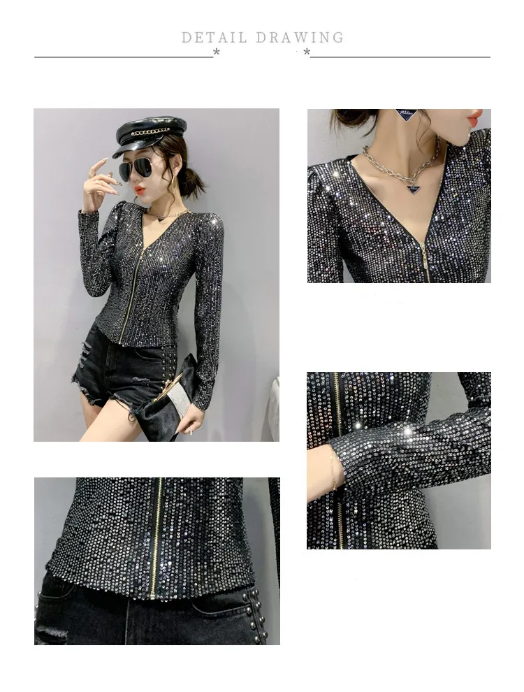 MadBlack Fall Winter European Clothes Bright Coat Chic Sexy V-Neck Zipper Cardigan Shiny Beading Women Long Sleeve Tops T19801A