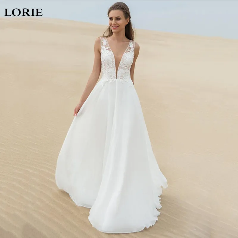 LORIE Chiffon Beach Wedding Dresses Sexy V Neck Boho Lace Bride Dresses 2020 Backless Vestido De Novia Custom Made