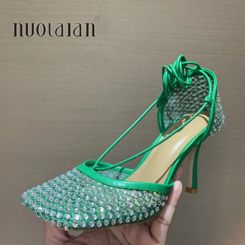 Fashion Green Rhinestone Women Pumps Sandals Female Square Toe high heels Lace Up Cross-tied Stiletto hollow Party Shoes Woman