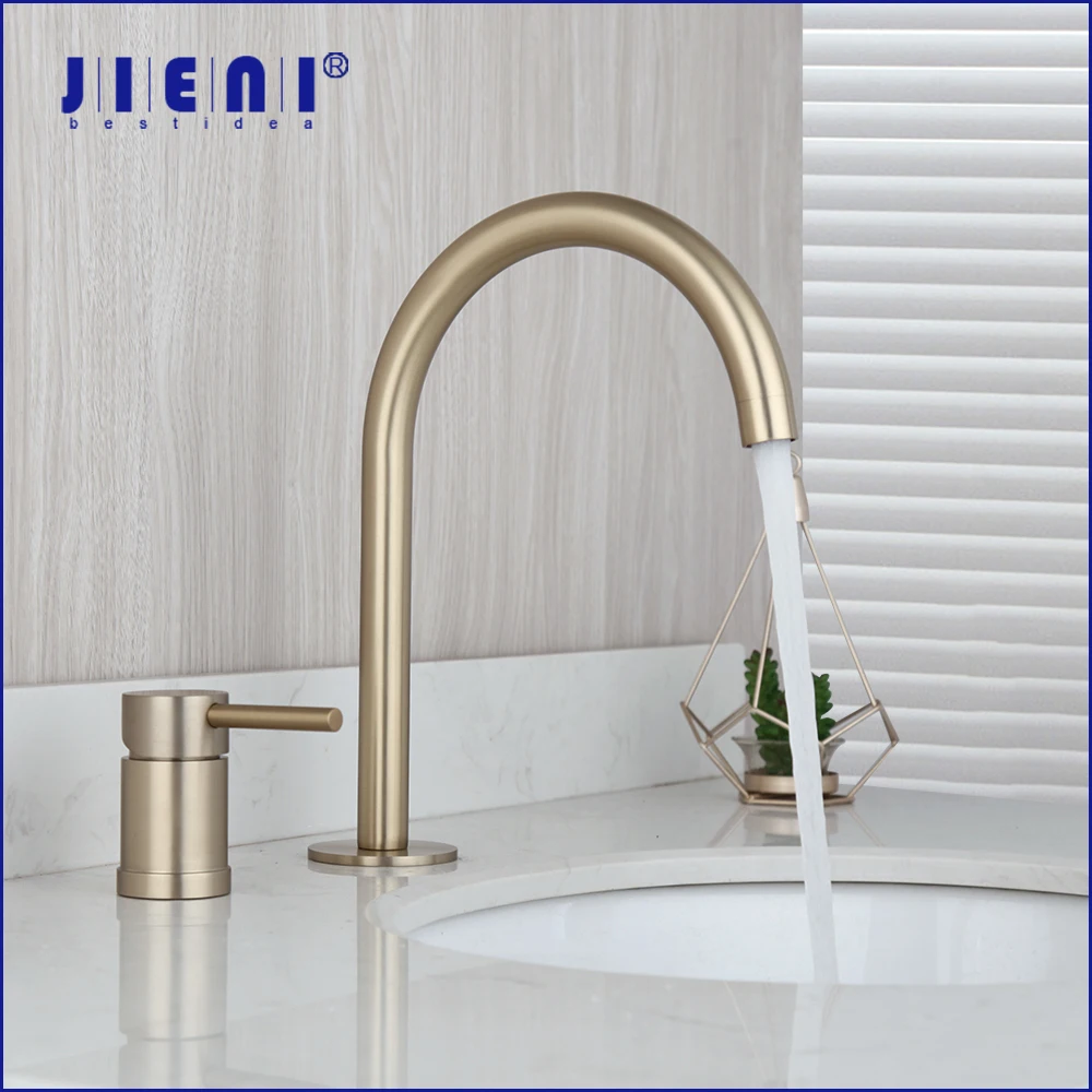 JIENI Brushed Gold Bathroom Bathtub Faucet Solid Brass Bathroom Basin Sink Faucet 1 Handle Deck Mount Gold Hot & Cold Mixer Tap