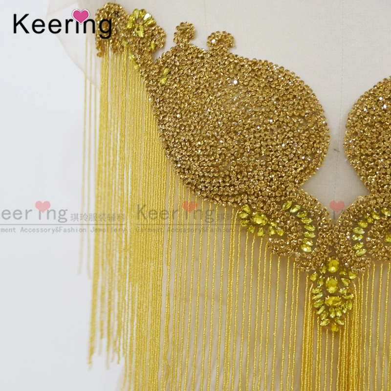 Keering Sexy Dark V Waterfall Dangling Body Applique, Party Patches, Front And Back In Gold ,WDP-246