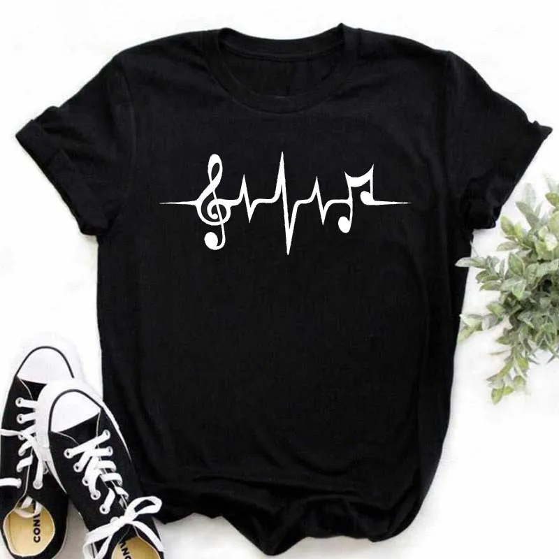 New Harajuku Funny Music Note Art T Shirt Fashion Women T Shirt Music Tops Short Sleeves Black T-shirt Ladies Casual Tees Top