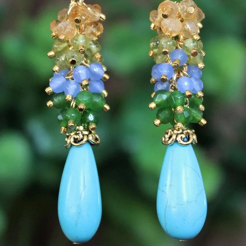 Multi Gemstone Cluster Earring.Blue Turquoise.Citrine.Peridot.Aqua.Emerald.Jade.