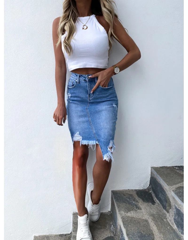 2025 New Woman Summer Denim Skirt Fashion Casual Irregular Ripped Jeans Skirt Sexy Slim Mini Skirt S-XL Drop Shipping