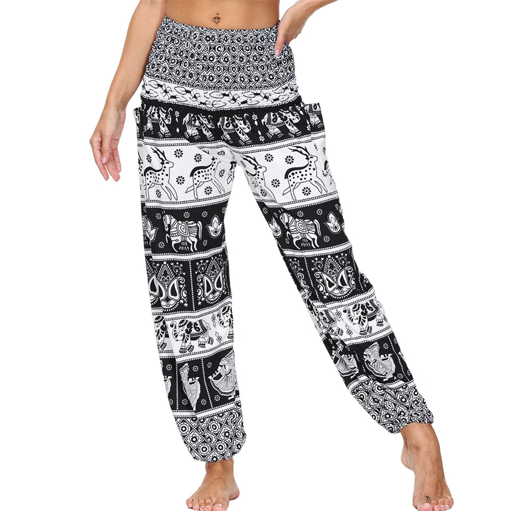 

Women's Smocked Waist Bohemia Yoga Pants,With 2Pockets Hippie Boho Sports Harem Pants Palazzo Pants