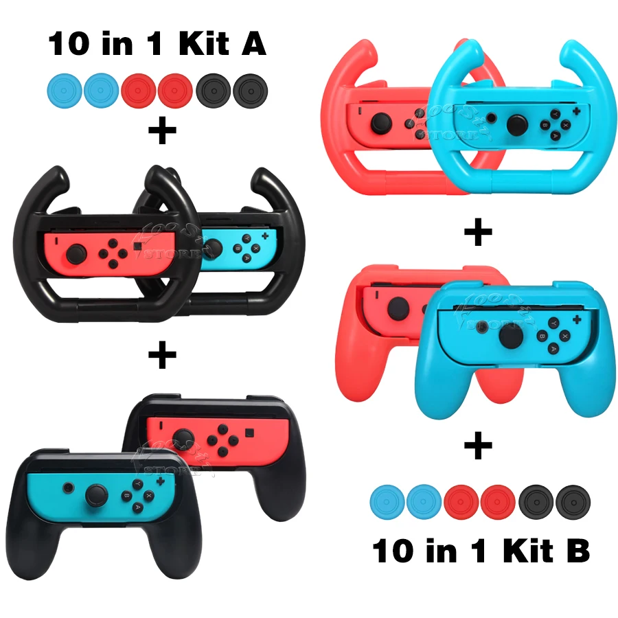 10 in 1 Nintend Switch Accessories Kit  2 Racing Steering Wheel 2 Handle Grip 6 Joycon Silicone Caps for Nintendoswitch Joy-con