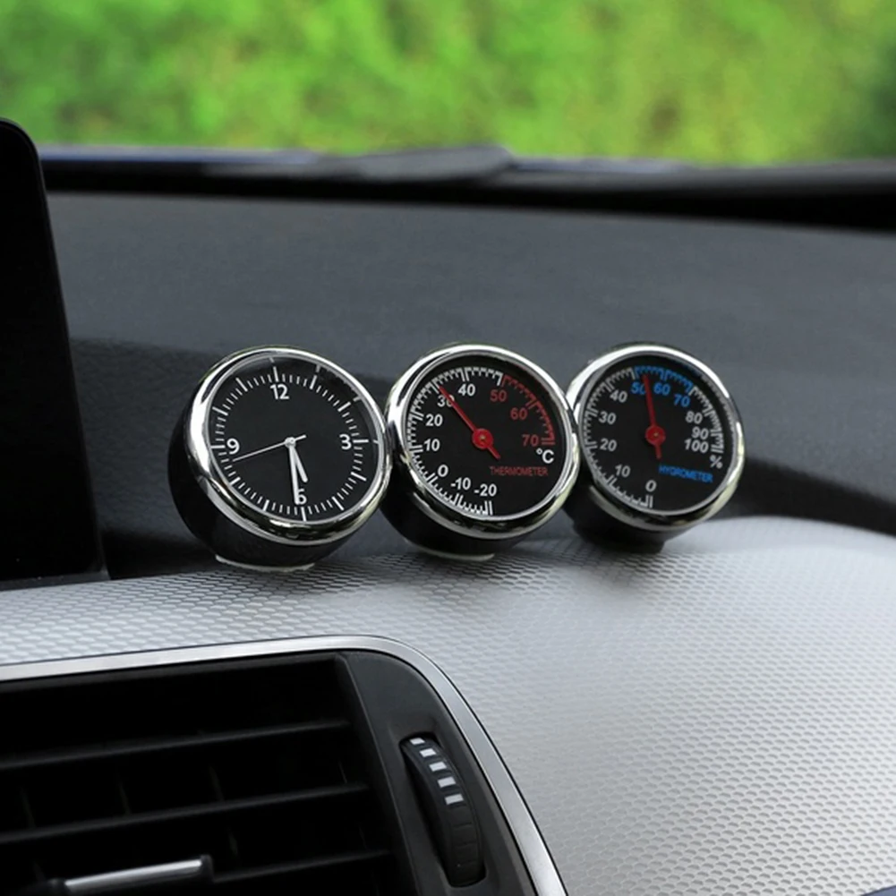 Car Interior Mini Quartz Watch Clock Hygrometer Thermometer Dashboard Ornament