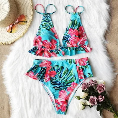 New Ruffled Bikini Print Two-Piece Swimsuits Women\'s Hot Selling European and American Fashion Pastoral Street Swimsuit Bikini