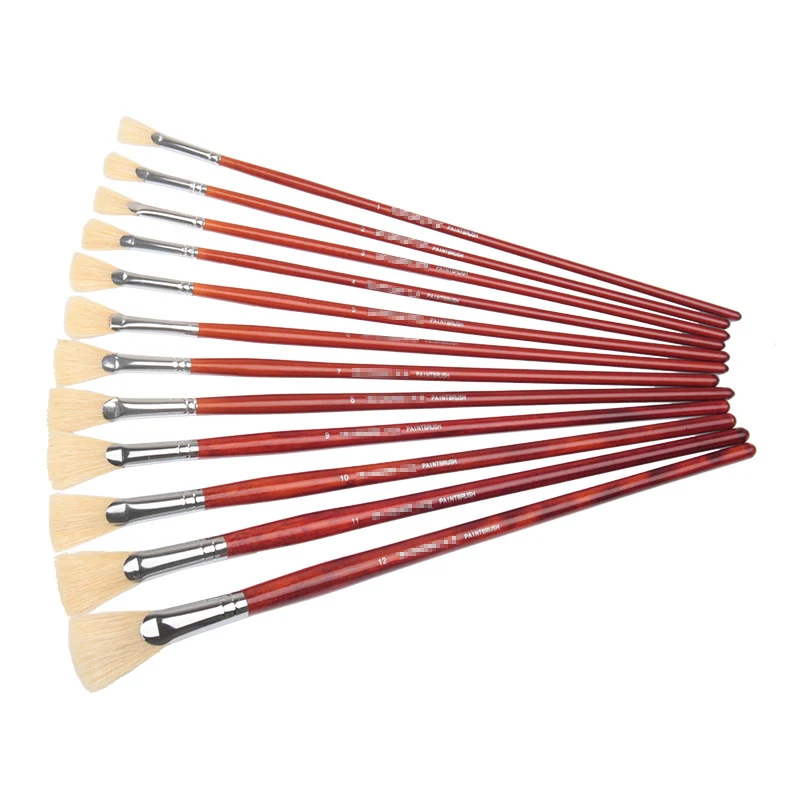 

6 pcs Pig bristles hair fan shap paint brush gouache watercolor pen long wooden pole oil brush set acrylic paint art supplies