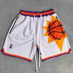 MM MASMIG White Sun Printed Basketball Shorts with Zipper Pockets Devin Booker Street Style Sports Pants