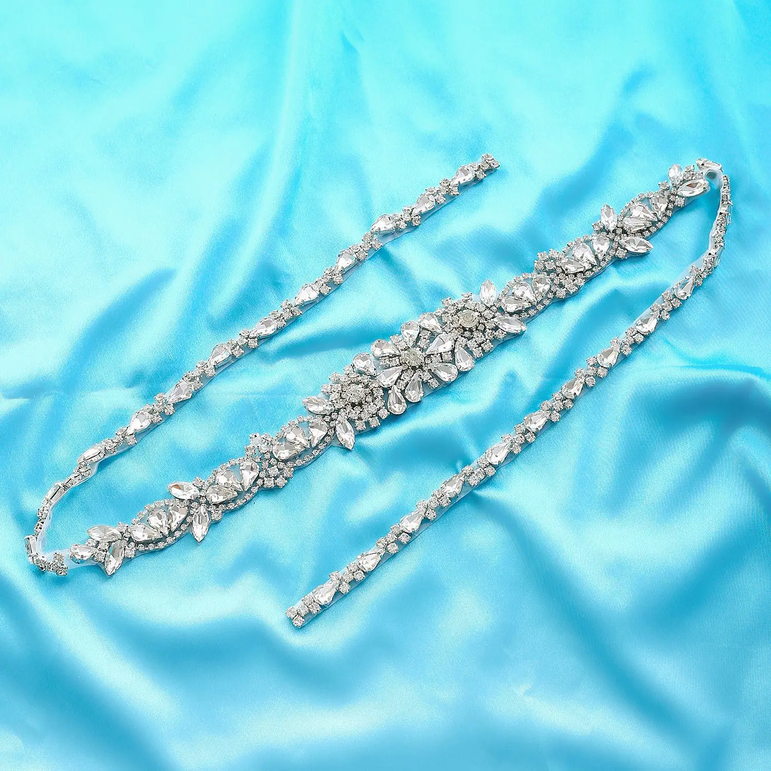 SESTHFAR (1 YARD) Silver clear bridal beaded crystal rhinestone applique trim gold sew iron on for wedding dress