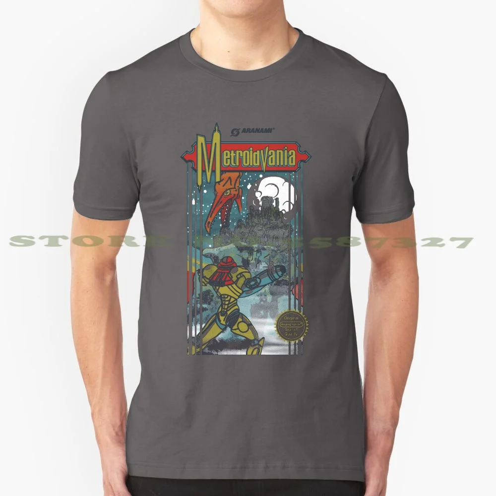 Metroidvania 100% Cotton T-Shirt Samus Aran Metroid Bounty Hunter Castlevania Videogame Cover Retro