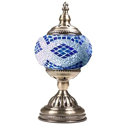 Silver Fever Handcrafted Mosaic Turkish Lamp Moroccan Glass Table Desk Bedside Light Bronze Base with E12 Bulb (Blue Ornament)