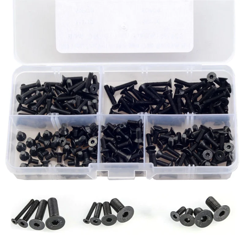 250PCS M3 Hex Hexagon Socket Countersunk Head Screws Assortment Kit Carbon Steel Black Hex Socket Flat Head Screw Set DIN7991