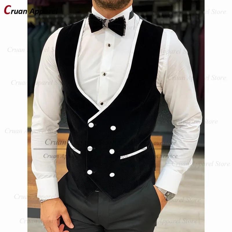 

New Fashion Black Velvet Wedding Men's Suit Vest Sleeveless Jacket Tailor-made Slim Groomsman Groom Double Breasted Waistcoat