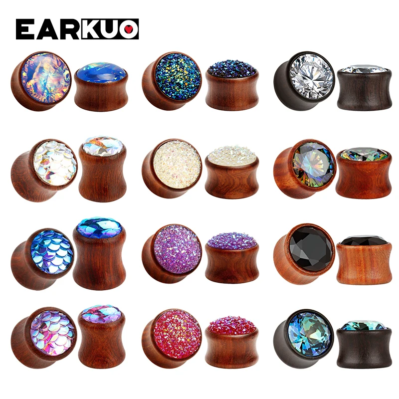 EARKUO Unique Design Fashion Fish Scale Zircon Wood Earring Piercing Tunnels Stretchers Body Jewelry Ear Plugs Gauges 2PCS