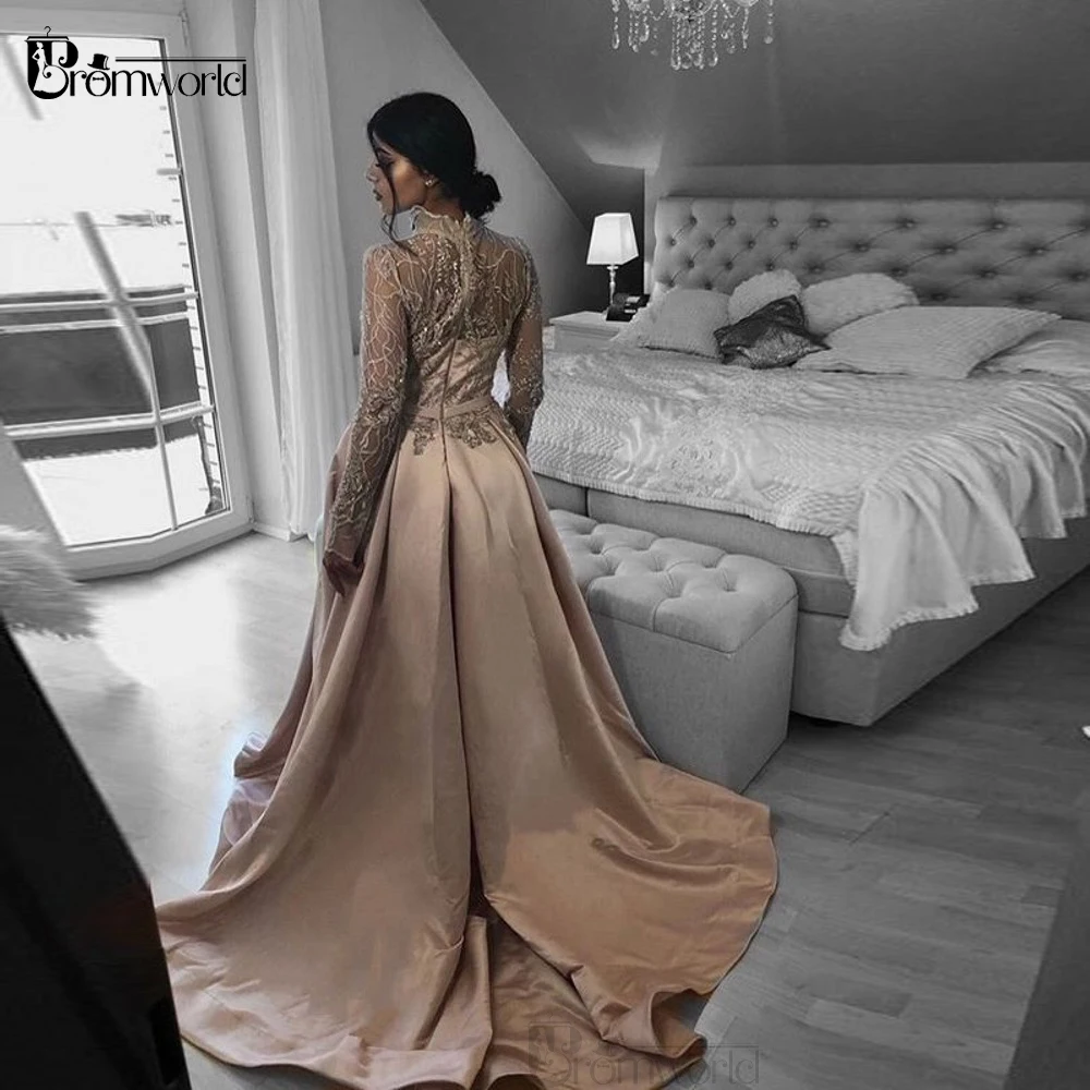 Hoge Hals Illusion Volledige Mouwen Champagne Avondjurken Lange Kant Formele Prom Dress 2020 A-lijn Slit Satin Vestidos Formales