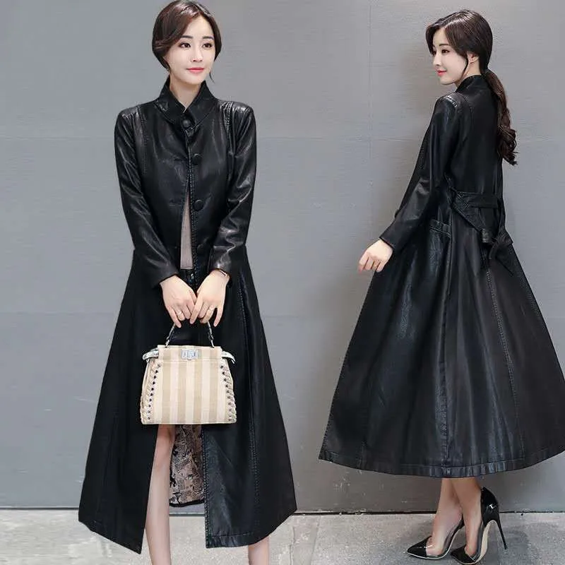 Autumn Women PU Leather Long Jacket Windbreaker Trench Coat Slim Female Bomber Faux Leather Outwear Blazer lady Spring Overcoat