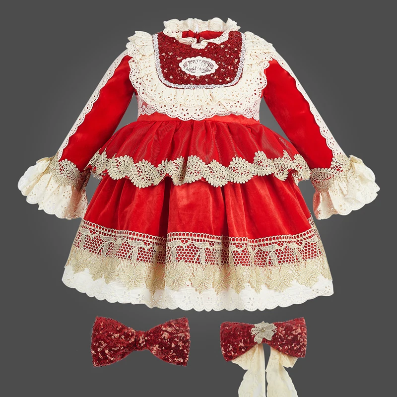 Spanish Children's Princess Dress Winter Girls Birthday Party Dress Girl Velvet Christmas New Years Red Dress Eid Dress