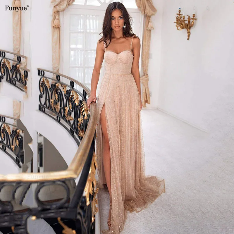 

Sparkle Champagne Formal Evening Dress New Arrival Sexy Spaghetti Strap Front Split Prom Party Gown Backless Robe De Soiree