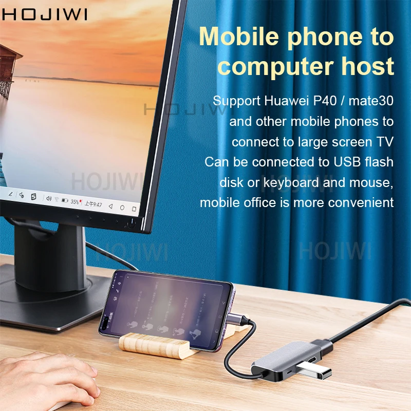 HOJIWI 4 in 1 type-C to HDMI 4K  vga hub usb c docking station laptop HDMI Adapter PD fast charge usb 3.0 hub for Macbook AA13