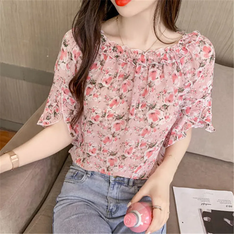 Women Chiffon Shirts Temlperament All-Match Short Sleeve Loose Folds Blouses One Word Collar Ropa De Mujer Blusas Tops MM0922