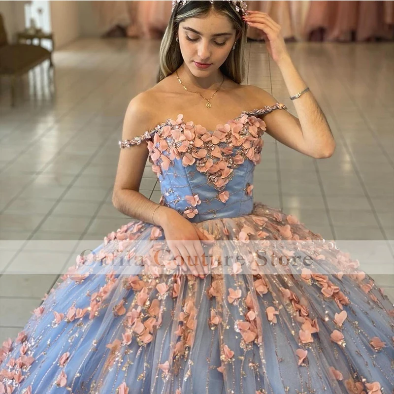 Vestido de quinceañera con hombros descubiertos para niña, vestido de fiesta de graduación mexicana con apliques florales en 3D, corsé trasero, 15 años, 2022