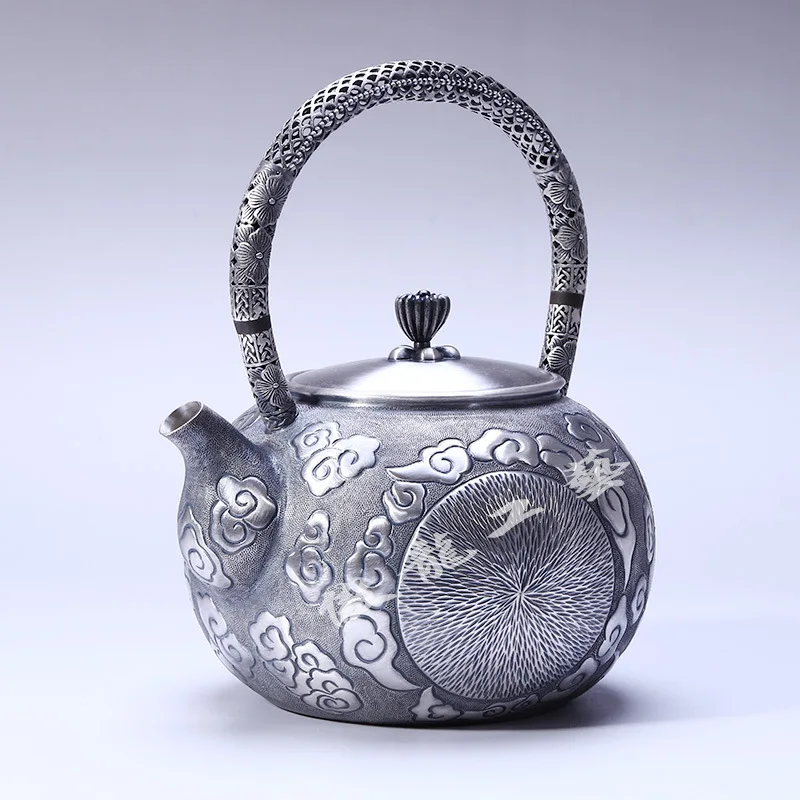 Teapot, kettle, hot water teapot, iron teapot, stainless steel kettle, tea bowl, 1100ml capacity, handmade S999 sterling silver