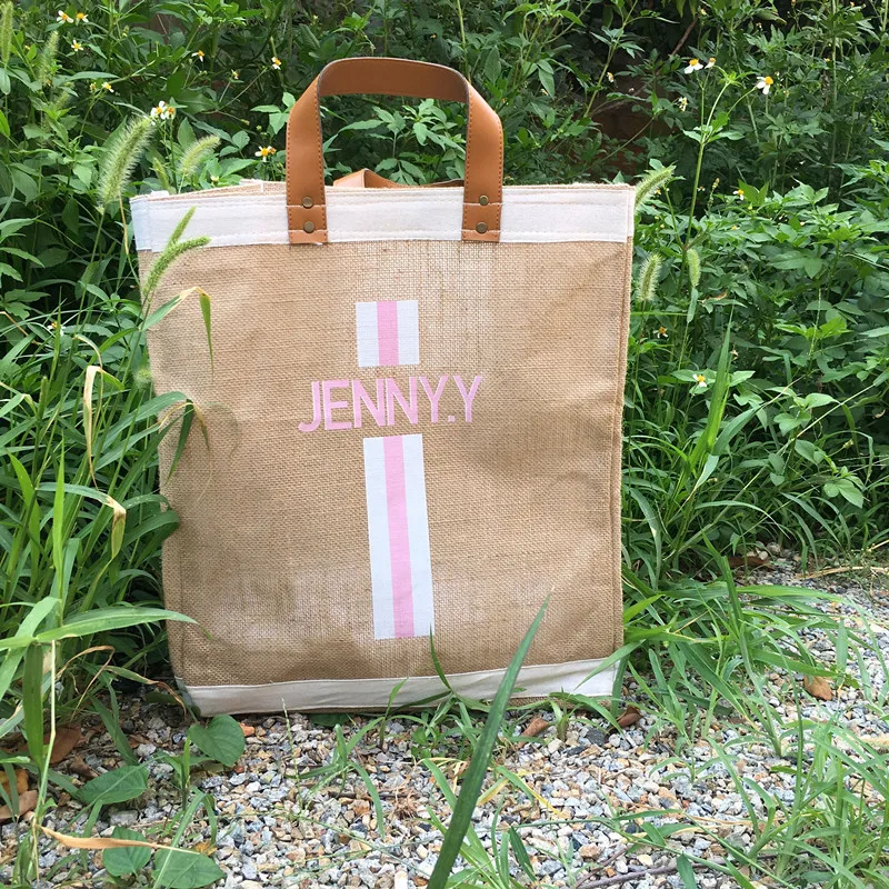 Custom Market Bag in Natural with Pink Monogrammed Natural Beach Totes, Birthday Gift Quarantine Bag, Jute Carryall Travel Bags