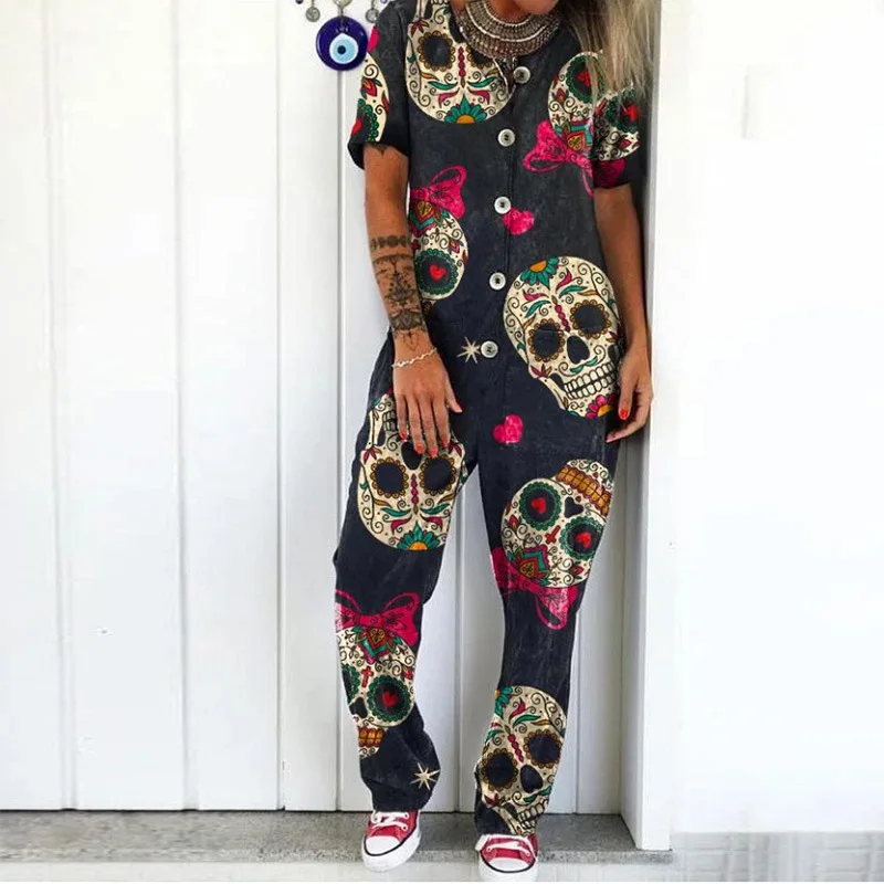 Women Streetwear Loose Jumpsuit Fashion Button-down Skull Print V-neck Short Sleeve Overalls for Female S/M/L/XL/2XL/3XL/4XL/5XL